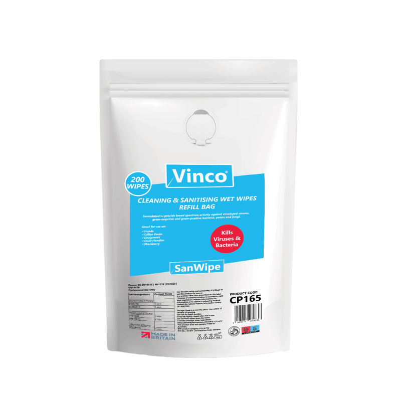 Vinco-ZeroWipe Refill Bags Cleaning & Sanitising Anti-Bac and Anti-Viral Wipe 150 Wipes