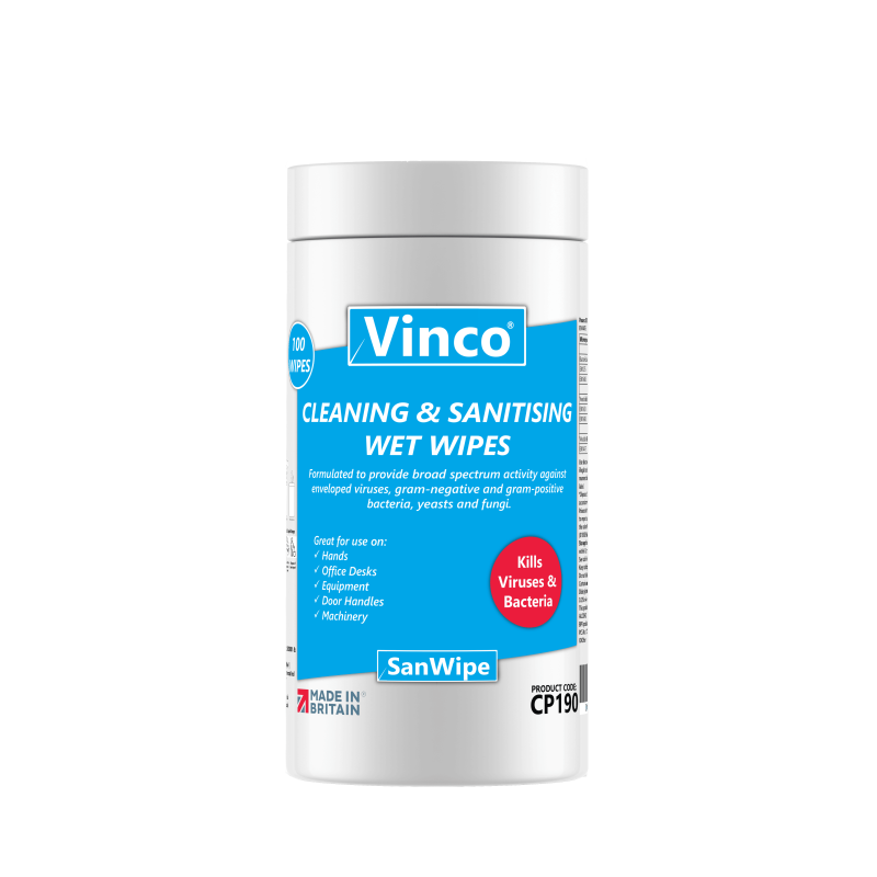 Vinco®-SanWipe Hands & Surfaces Cleaning and Sanitising 100 Tub Wet Wipes